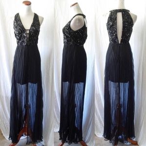 NEW ARK & CO. BLACK Sequin LATTICE Pleated Chiffon SLIT Evening Dress GOWN